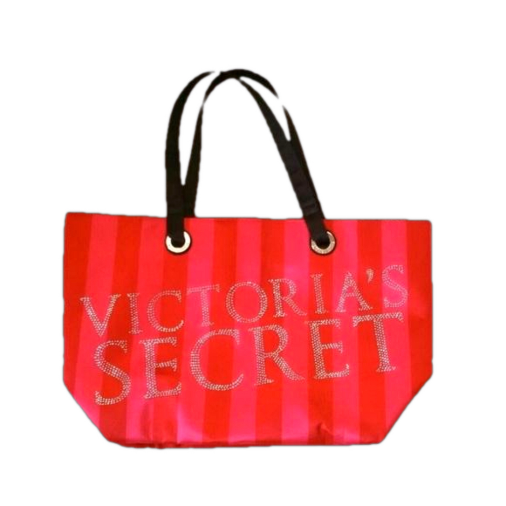 EUC Victoria Secret Hot Pink/ Red stripe with sequins Large Shoulder Tote